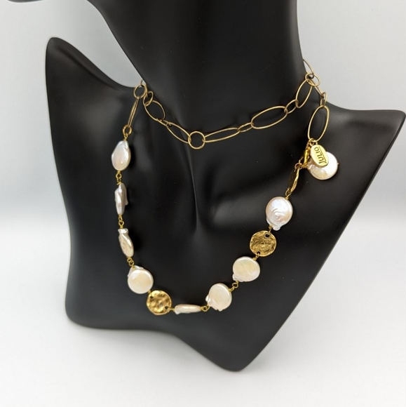 JULIO Coin Pearl Necklace Gold Tone Retired Freshwater Pearl 24 inch long Signed - Picture 11 of 15